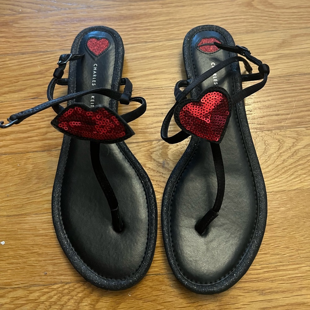 Charles & Keith Black Sandals with Red Sequin Hearts and Lips